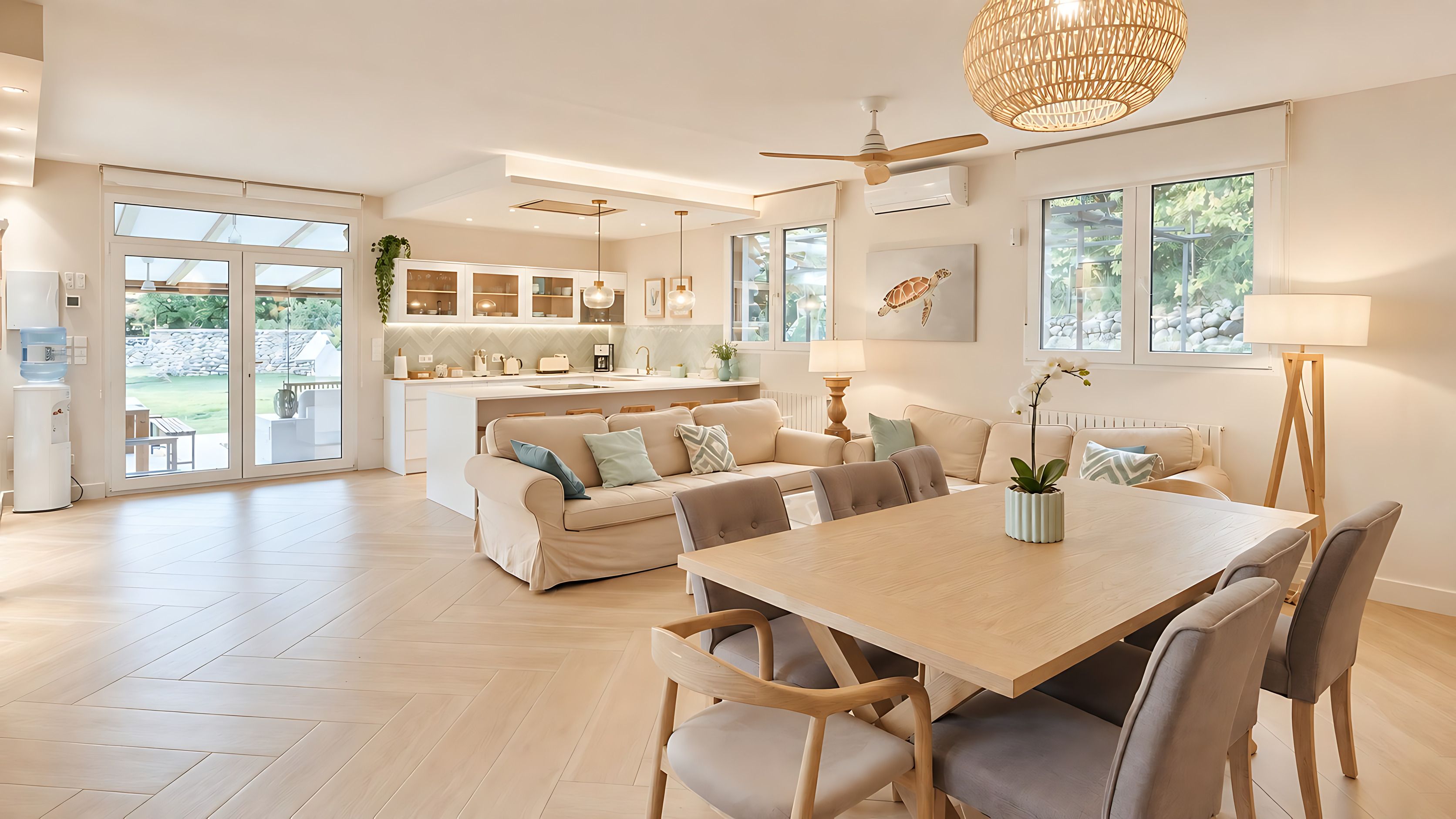 A spacious living area with a sofa set, a dining table with chairs, and a kitchen in the background.