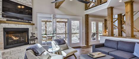 Smart TV, fireplace, DVD player, foosball