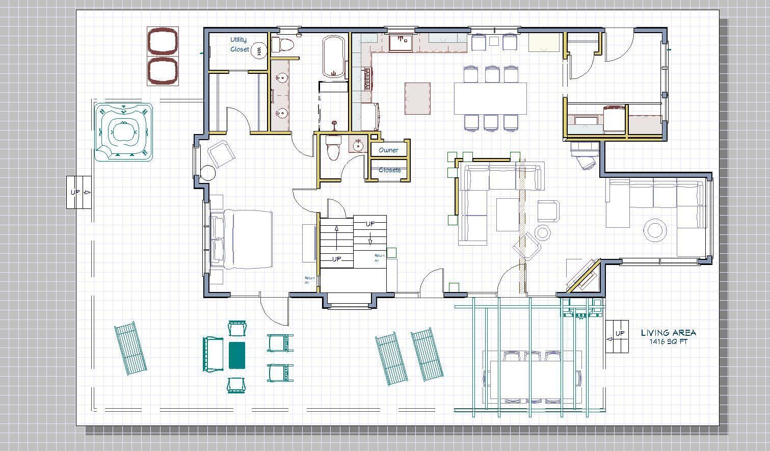 A floor plan of a hotel with multiple rooms, a utility closet, and a living area.