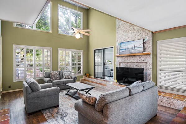 Smart TV, fireplace, computer monitors