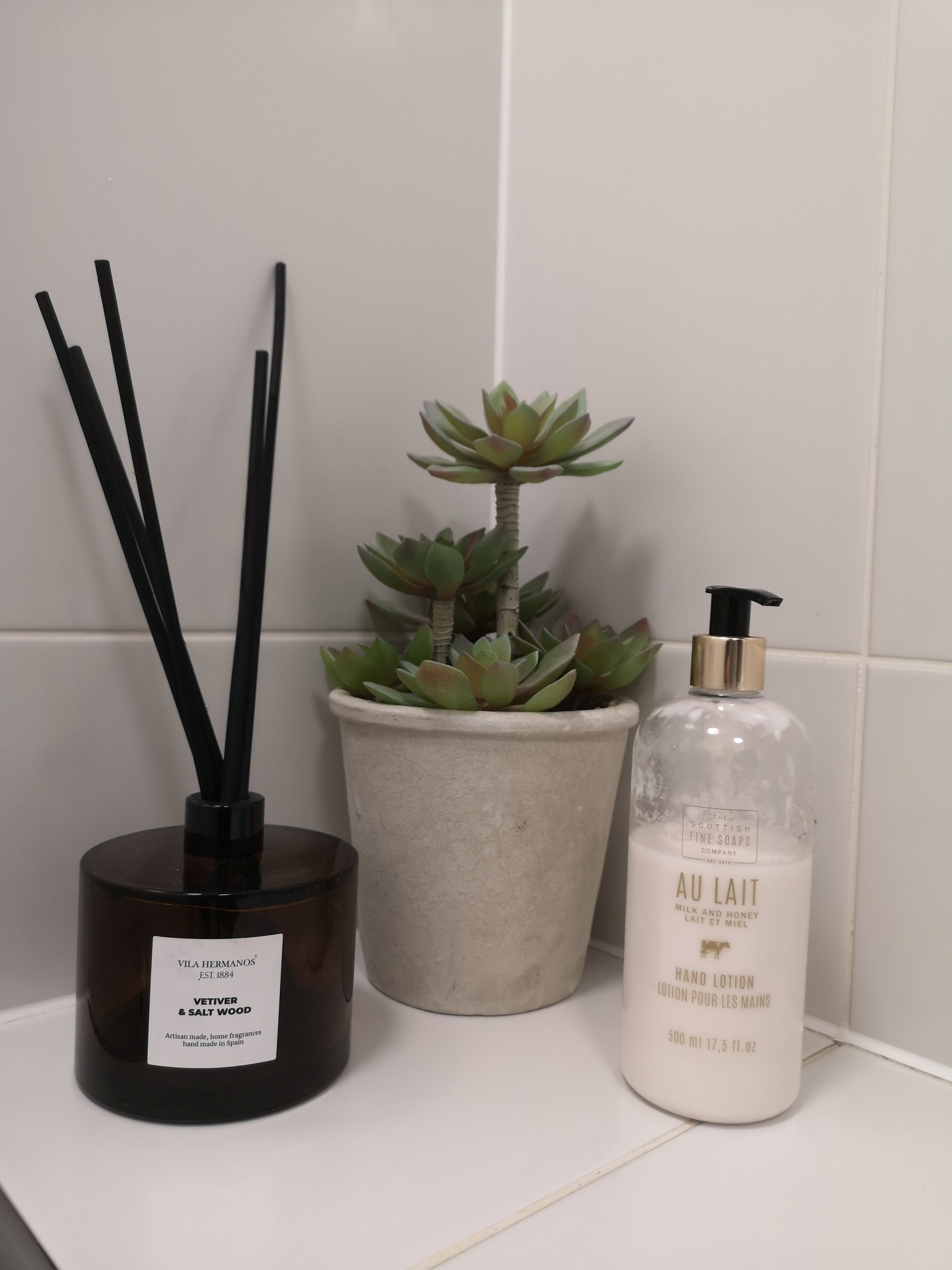 Un estante de baño con un florero negro, una suculenta en maceta y una botella de crema para manos.