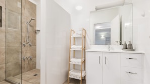 Shower, towels, toilet paper