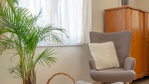 A room with a grey armchair, a potted plant, a wooden cabinet, and a window with sheer curtains. - Entheos City Center (Argostoli)