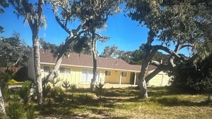 A yellow house with a brown roof, surrounded by trees and grass.
