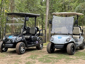 Two golf carts parked in a wooded area.
