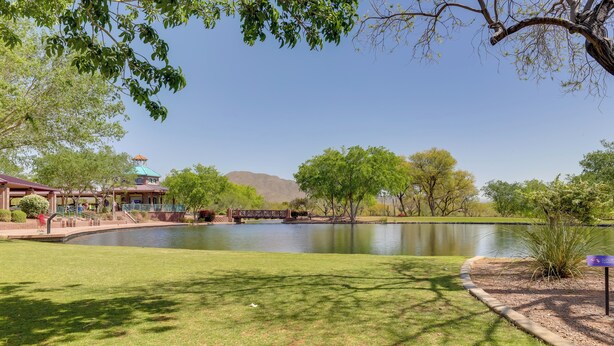 A park with a pond, trees, a bridge, and a building with a green roof.