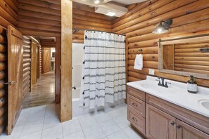 Combined shower/bathtub, hair dryer