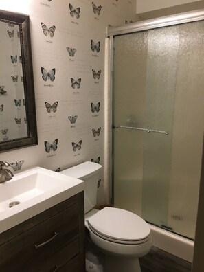 Douche, sèche-cheveux, serviettes fournies, savon