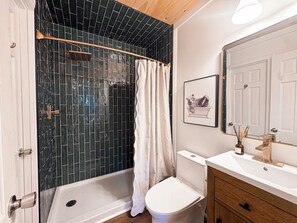 A bathroom with a shower, toilet, vanity, and a framed picture on the wall.