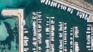 An aerial view of a marina with numerous boats docked in a structured layout.