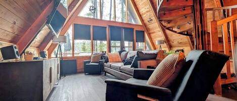 Smart TV, fireplace, video games, DVD player