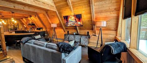 Smart TV, fireplace, video games, DVD player