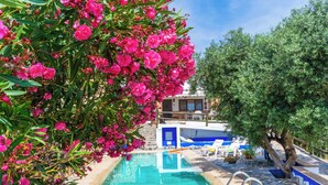 A swimming pool with a stone deck, surrounded by lush greenery and pink flowers. - Villa for 4 with feature pool & great reviews (Bedar)