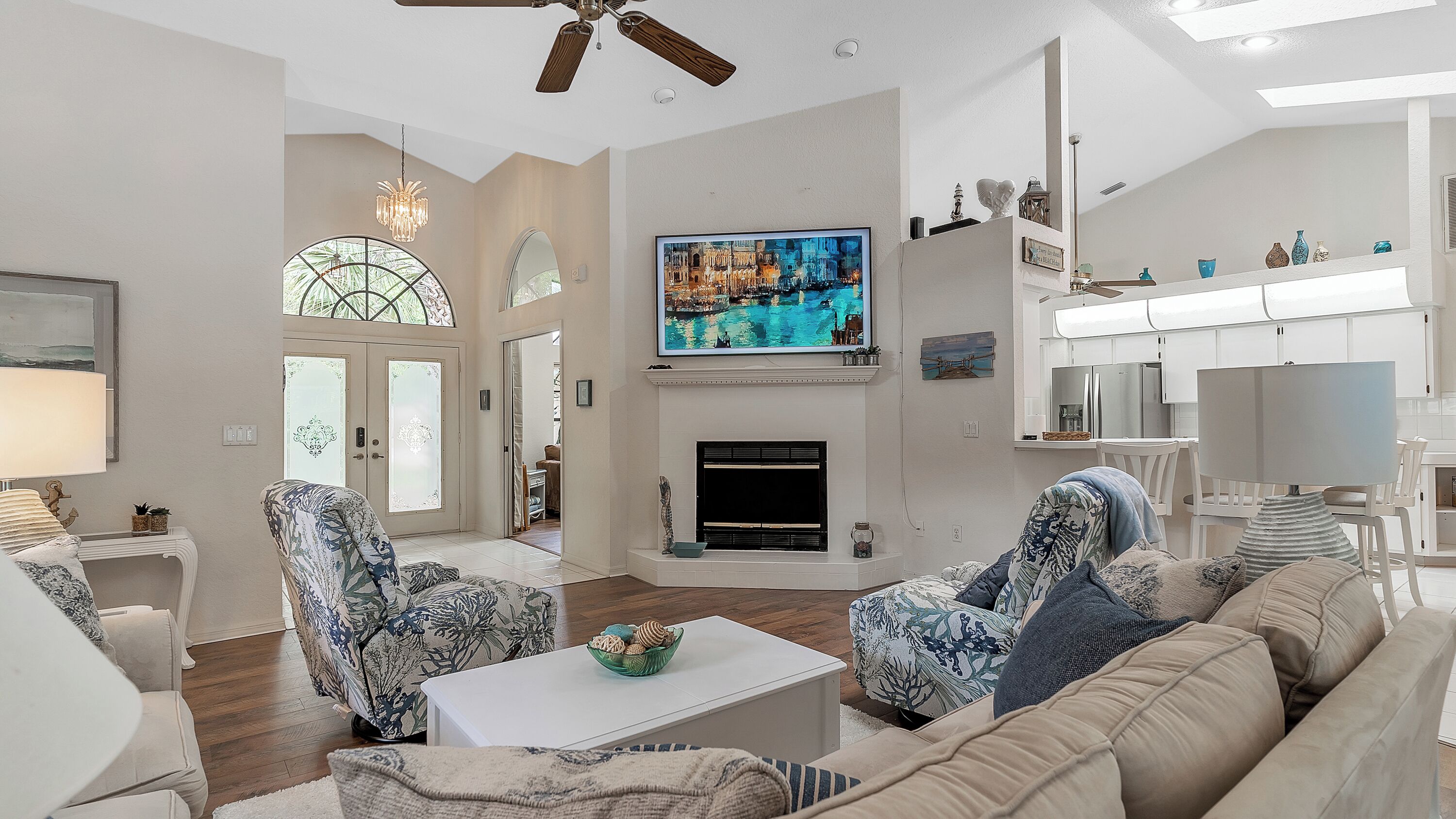 Smart TV, fireplace, video-game console, foosball