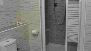 A bathroom with a toilet, a shower, and a towel rack.