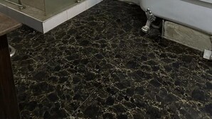 Une salle de bain avec une douche à parois de verre, un lavabo blanc et un sol en marbre noir.