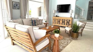 A modern living room with a sofa, coffee table, and chairs, a TV, and a wooden cabinet. - Silver Sands #1 - by Zenbreak (Silver Sands)