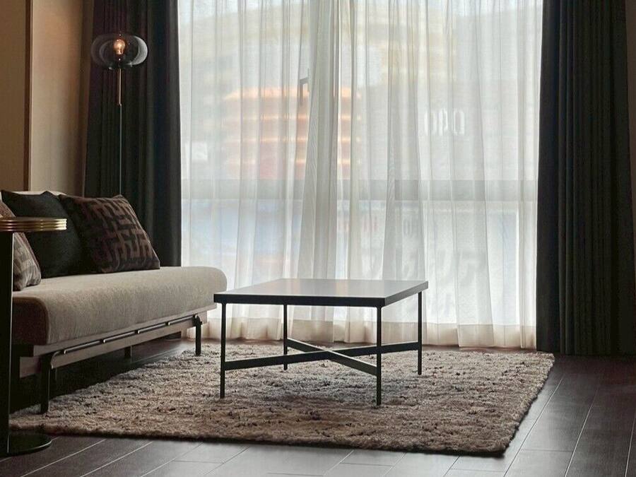 A living room with a sofa, a coffee table, and a rug.
