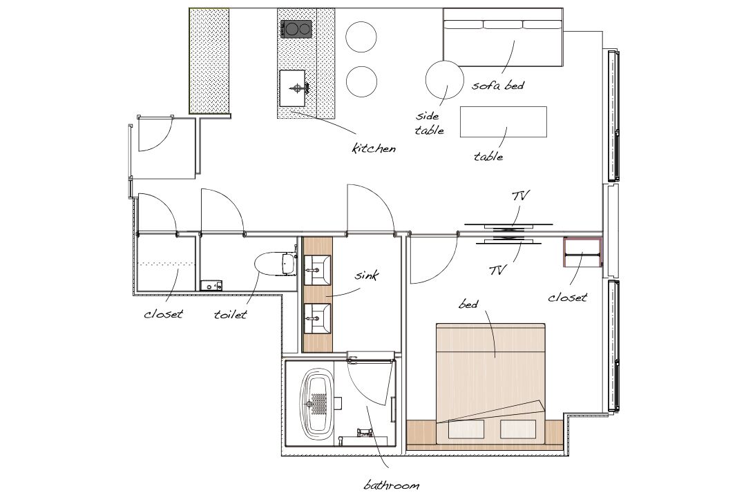 A floor plan of a hotel room with a kitchenette, a bathroom, a living area with a TV, a sofa bed, and a side table.