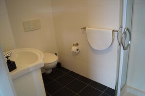 Bathroom features a toilet, sink, and towel rack.