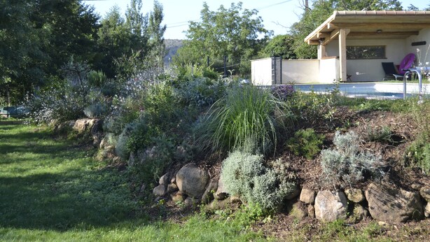 A garden with a variety of plants and a small building with a patio. - La Magnanerie de L'estrade (rosières)