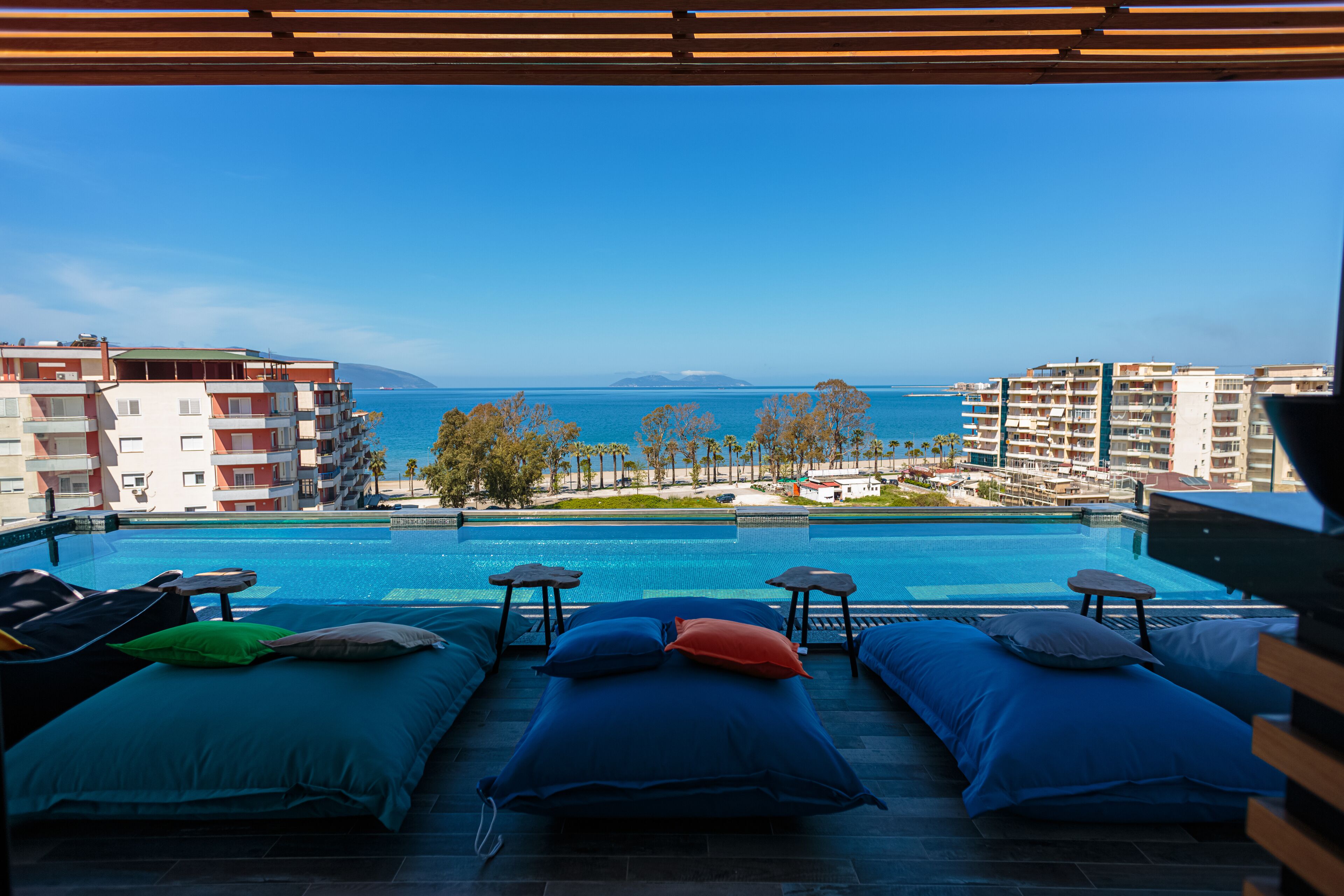 outdoor pool, pool loungers