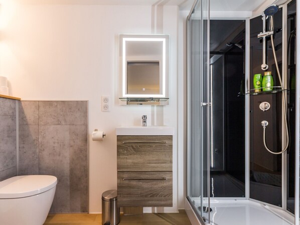 A modern bathroom with a toilet, a sink, a mirror, and a shower enclosure.