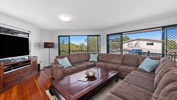 Smart TV, fireplace, DVD player, music library
