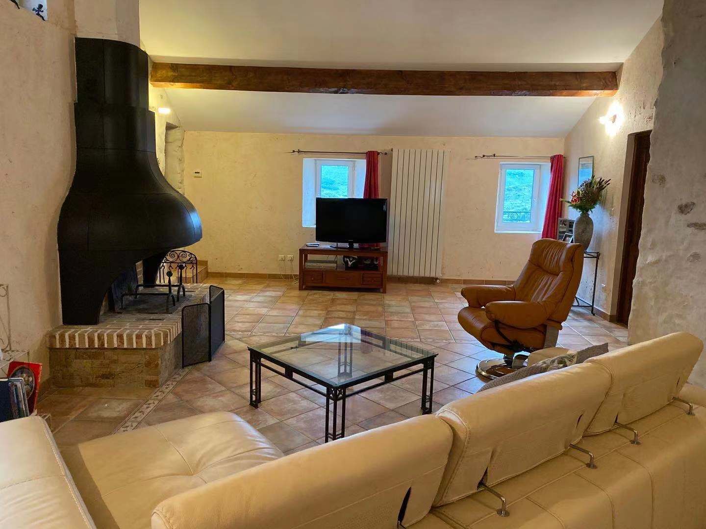 Un salon avec une cheminée, un canapé, un fauteuil et un téléviseur.