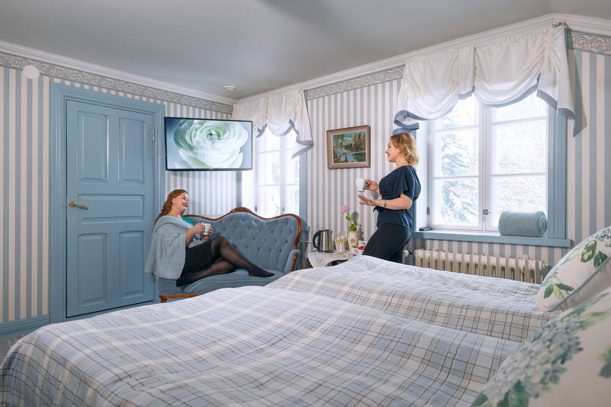 A room with a bed, a television, a window with curtains, a radiator, and a picture on the wall.