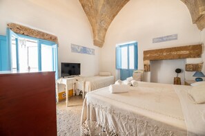 Un dormitorio con cama, escritorio, televisor y chimenea.