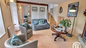 Televisie, een open haard en boeken