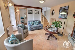 TV, fireplace, books