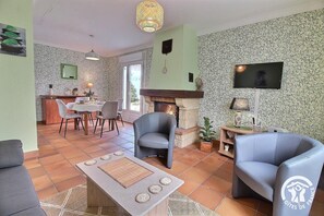 Télévision, cheminée, lecteur de DVD, chaîne hi-fi