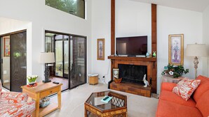 Una sala de estar con chimenea, televisor y sofá.
