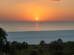A sunset over a beach with palm trees in the foreground.