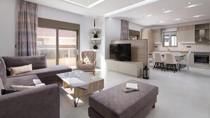 A modern living room with a sofa, armchair, coffee table, and ottoman. There is a TV, a fireplace, and a dining area with chairs. - Panthea Villa in Ialysos (Ιαλυσός)