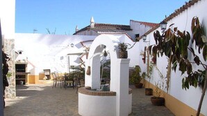 Un patio con una fuente, plantas en macetas y mobiliario de exterior.