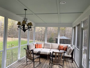 Smart TV, fireplace, DVD player, books