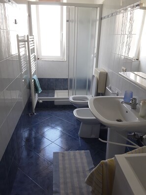 Een douche, een haardroger, een bidet, zeep
