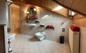Une salle de bain équipée de toilettes, d’un bidet, d’un lavabo et d’un miroir.