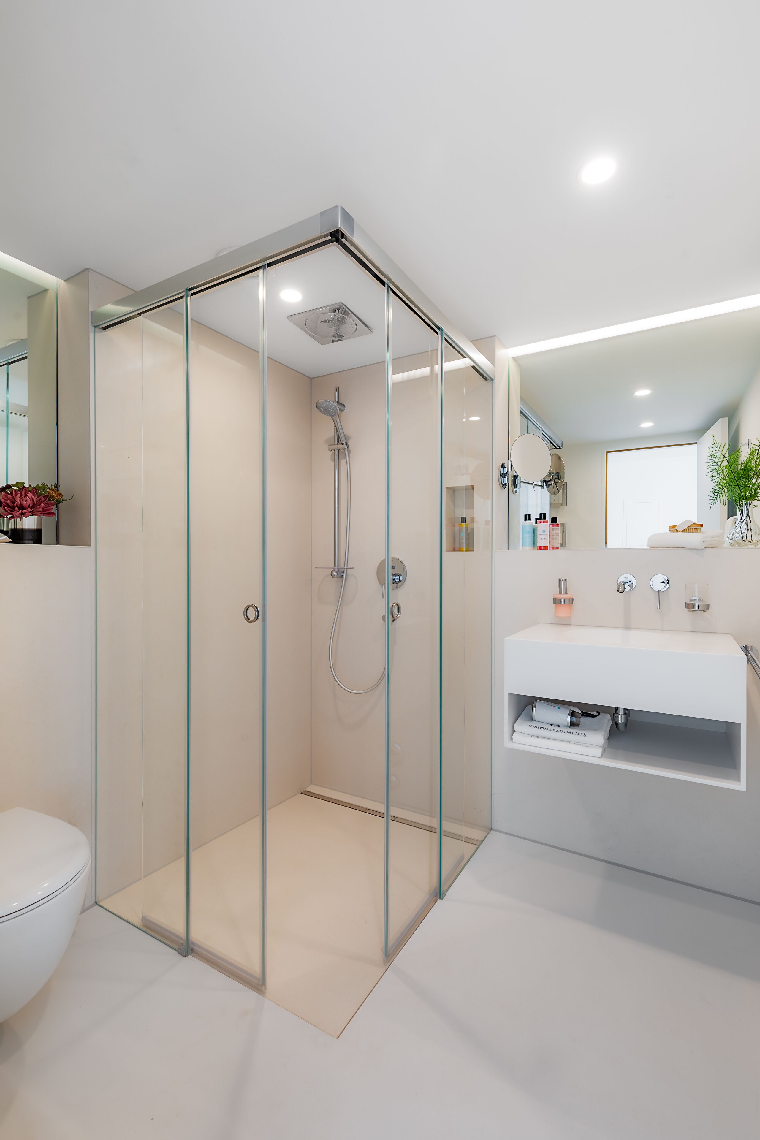 A modern bathroom with a glass-enclosed shower, a white sink, and a mirror above the sink.