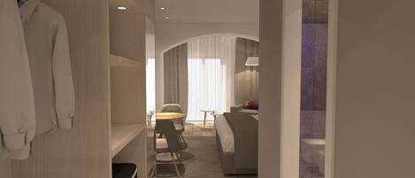 Habitación de hotel moderna con un armario de madera, una zona de estar con una mesa redonda y un sofá.