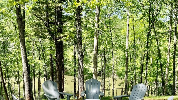 Un campeggio con poltrone Adirondack disposte attorno a un braciere, immerso tra alberi alti.