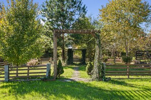 Stroll through the serene garden, surrounded by lush greenery and trees, to a charming pergola with twinkling lights.