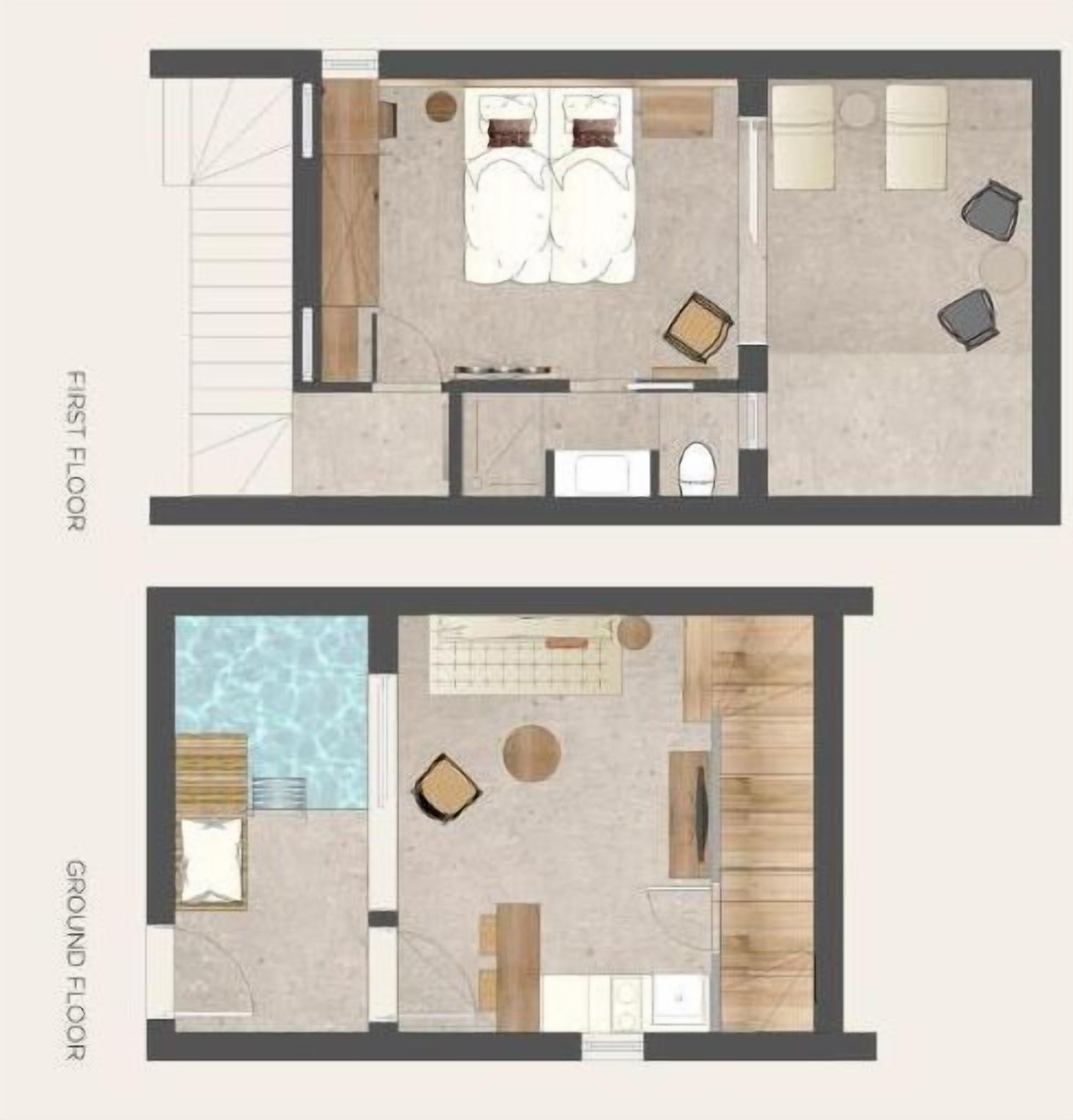 A first-floor layout with a kitchen, dining area, and two bedrooms. The ground floor includes a swimming pool and a bathroom.