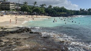 Ein Strand mit klarem türkisblauem Wasser, felsigem Ufer und Palmen.