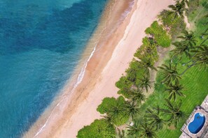 An aerial view of a beach with a swimming pool and palm trees. - Kihei Gardens F202 I Bright 2bd Near Beach (Kihei)