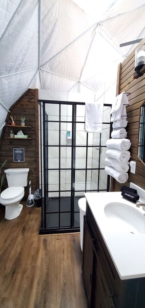 Dusche, Haartrockner, Handtücher, Seife