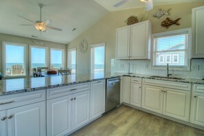 Fridge, microwave, oven, stovetop - Oceanfront getaway, Sea Grace: 4 Bedroom home in North Topsail Beach for 10 guests. (North Topsail Beach)